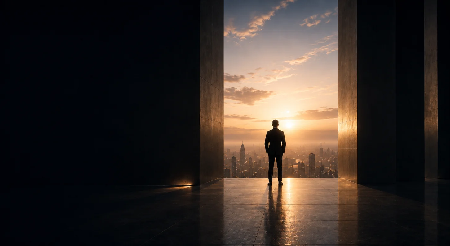 An operator standing at an open doorway above the city at sunrise