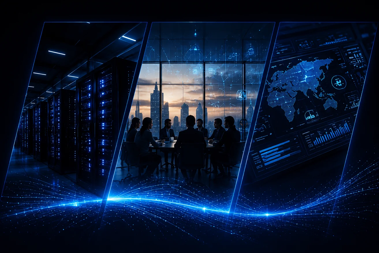 Executives in a high-rise operations room at dusk