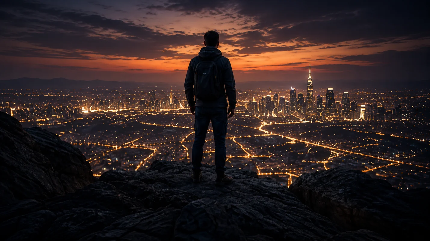 An operator above the city at dusk